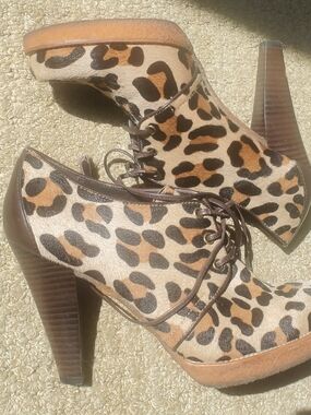 COACH Leopard Print Lace-Up High Heel Booties Brown